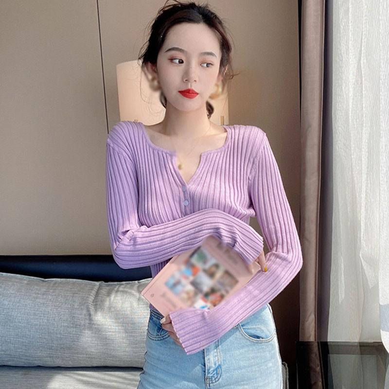 Áo Cardigan Dệt Kim Tay Dài Phối Nút Thiết Kế Cổ Chữ V Thanh Lịch