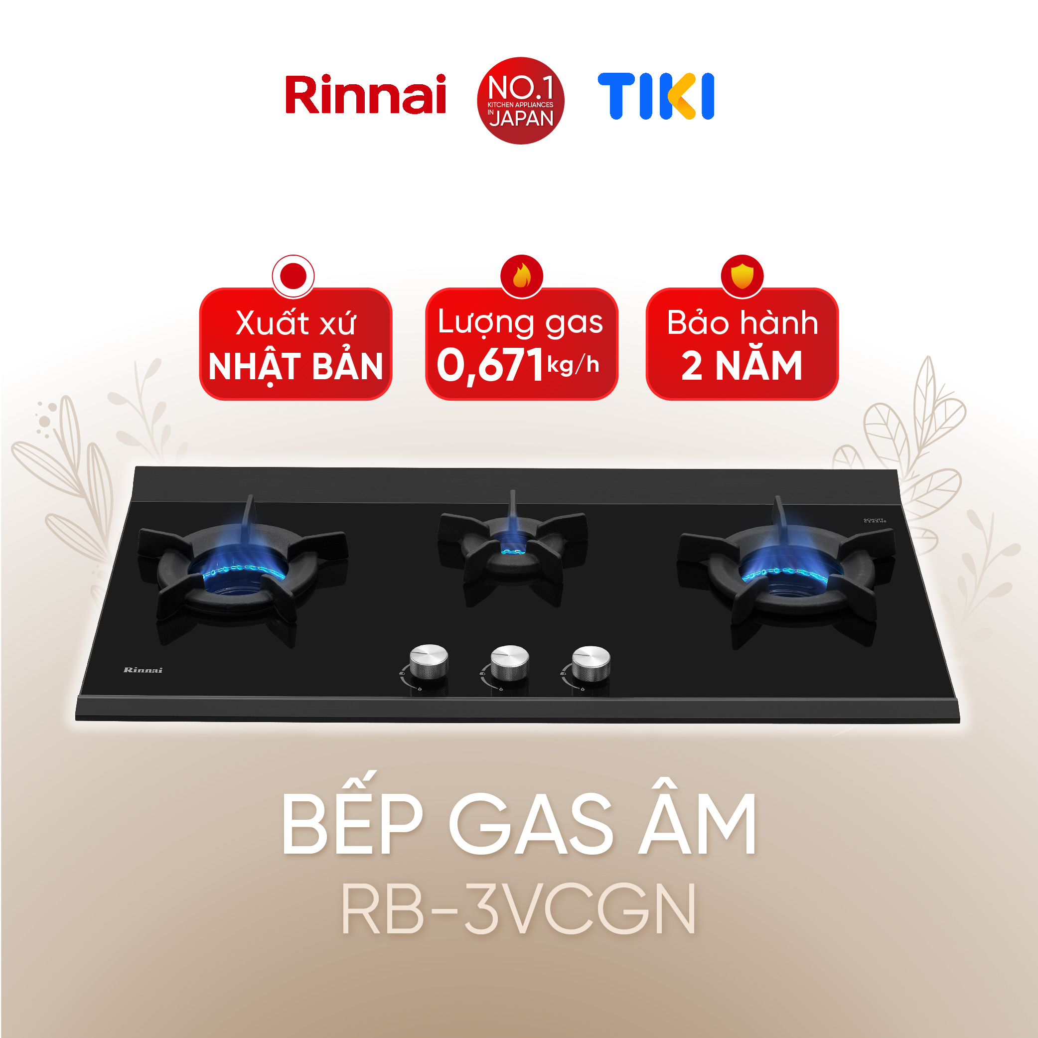 Bếp gas âm đầu đốt trong Rinnai RB-3VCGN mặt bếp kính SCHOTT và kiềng bếp gang - Hàng chính hãng.