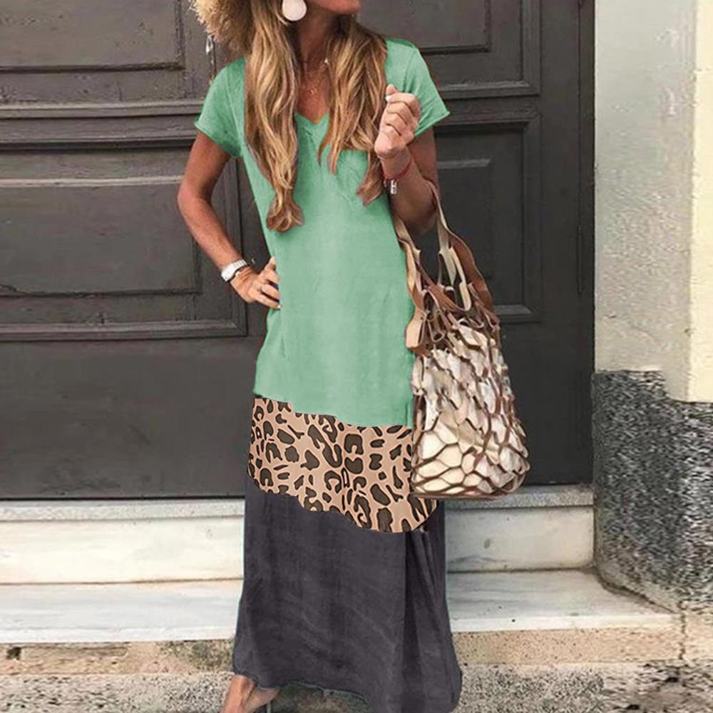 Fashion Summer Leopard Print Spliced Dress V Neck Short Sleeve Casual Plus Size Maxi Dress