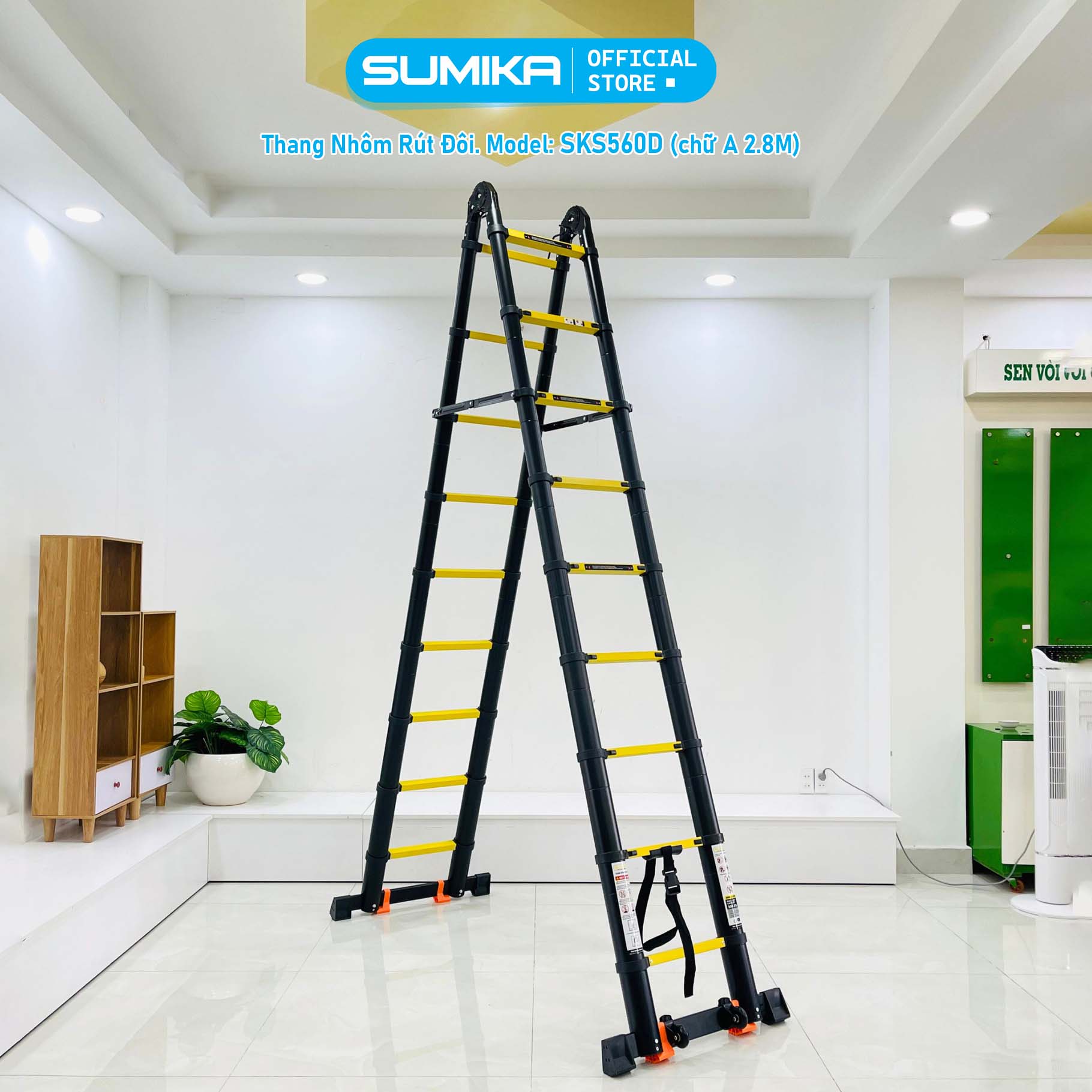 Thang nhôm rút đôi Sumika SKS560D (2.8M+2.8M) - Sơn tĩnh điện, chống trầy xước, khóa chốt cao cấp, nhiều đế cao su chống trượt, bậc thang diện tích rộng, thanh giằng giữa 2 bên thang