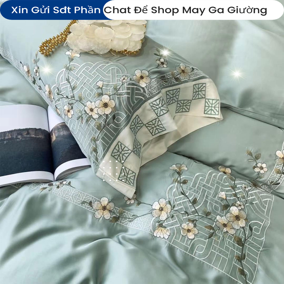 Bộ Chăn Ga Gối Đệm Lụa Tencel 100s Thêu Hoa 5 Món ANNA NGUYÊN Cao Cấp Chăn Chần Bông Lụa Mềm
