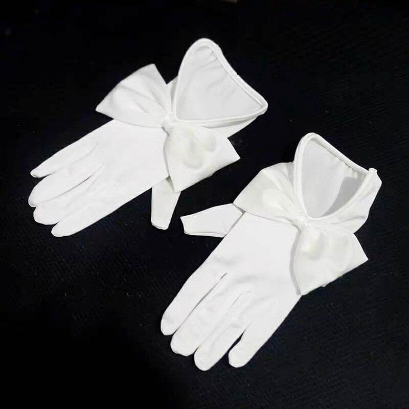 Găng tay satin màu trắng đính nơ cho Cô dâu và Dạ hội, đi tiệc, sự kiện, đạo cụ cosplay, chụp ảnh, studio MS: 44935