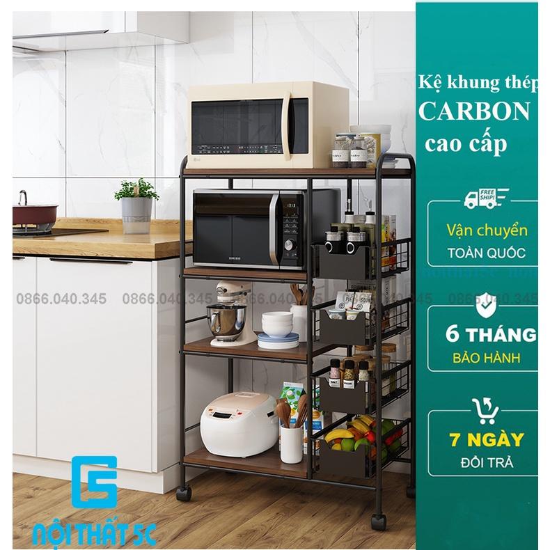Kệ nhà bếp để đồ đa năng kệ lò vi sóng thông minh 3 4 tầng thép carbon không rỉ, có bánh xe để nồi cơm điện lò nướng