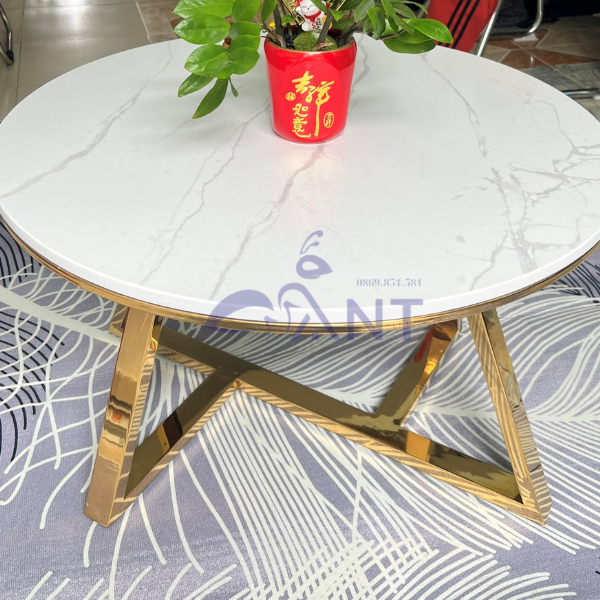 Bàn trà sofa inox 304 mạ gương PVD, bàn trà tròn mặt đá marble nhân tạo, bàn sofa trang trí nội thất (BT_ANT02)