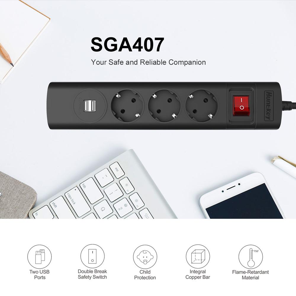 Dải điện Huntkey SGA407 với 3 ổ cắm AC 2 cổng sạc USB Chất liệu chống cháy Cửa chớp bảo vệ trẻ em