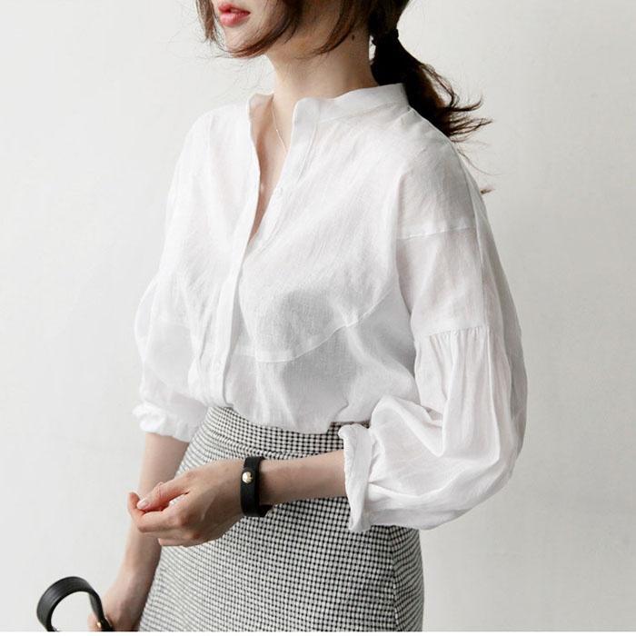 Áo sơ mi nữ cổ trụ tay bồng vai bồng, chất vải thô mềm mát, thời trang phong cách trẻ