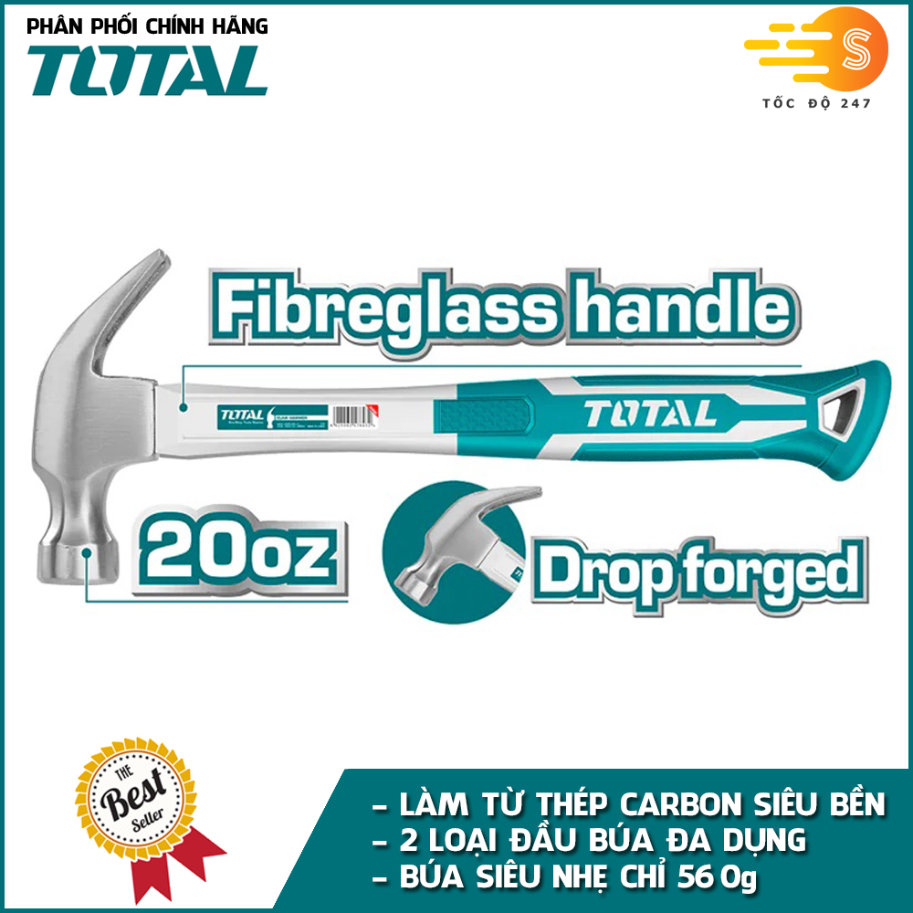 Búa nhổ đinh và đầu vuông TOTAL THTS7308 (220g), THT73206 (560g) - đầu búa được làm từ thép Carbon siêu cứng, tay cầm thế hệ mới chắc chắn