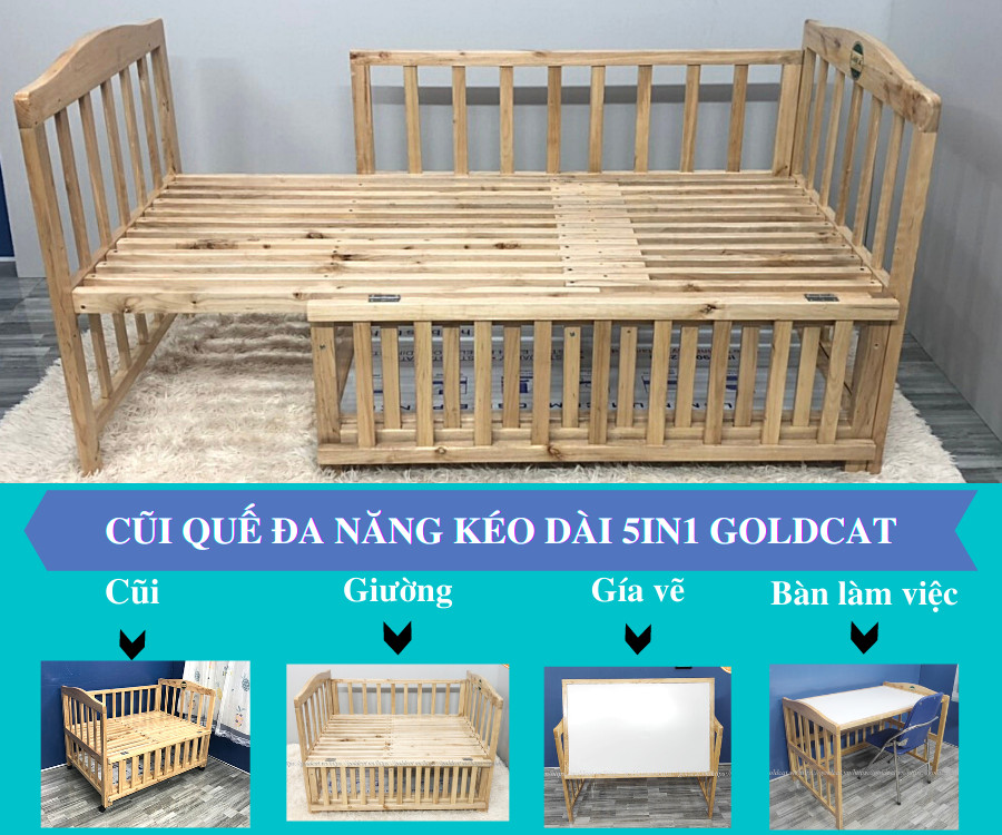 Cũi Cho Bé GOLDCAT Chất Liệu Gỗ Quế Tự Nhiên, Tích Hợp 5 Chế Độ Sử Dụng Cho Bé 0-10 Tuổi