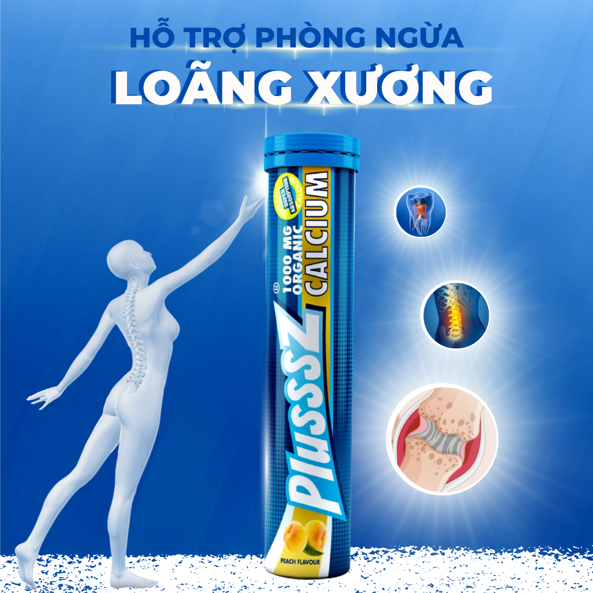 Viên sủi Plusssz Calcium vị Đào và chanh dây không Đường bổ sung canxi dạng hòa tan, dễ hấp thu hỗ trợ sức khỏe xương và răng, hỗ trợ ngăn ngừa loãng xương