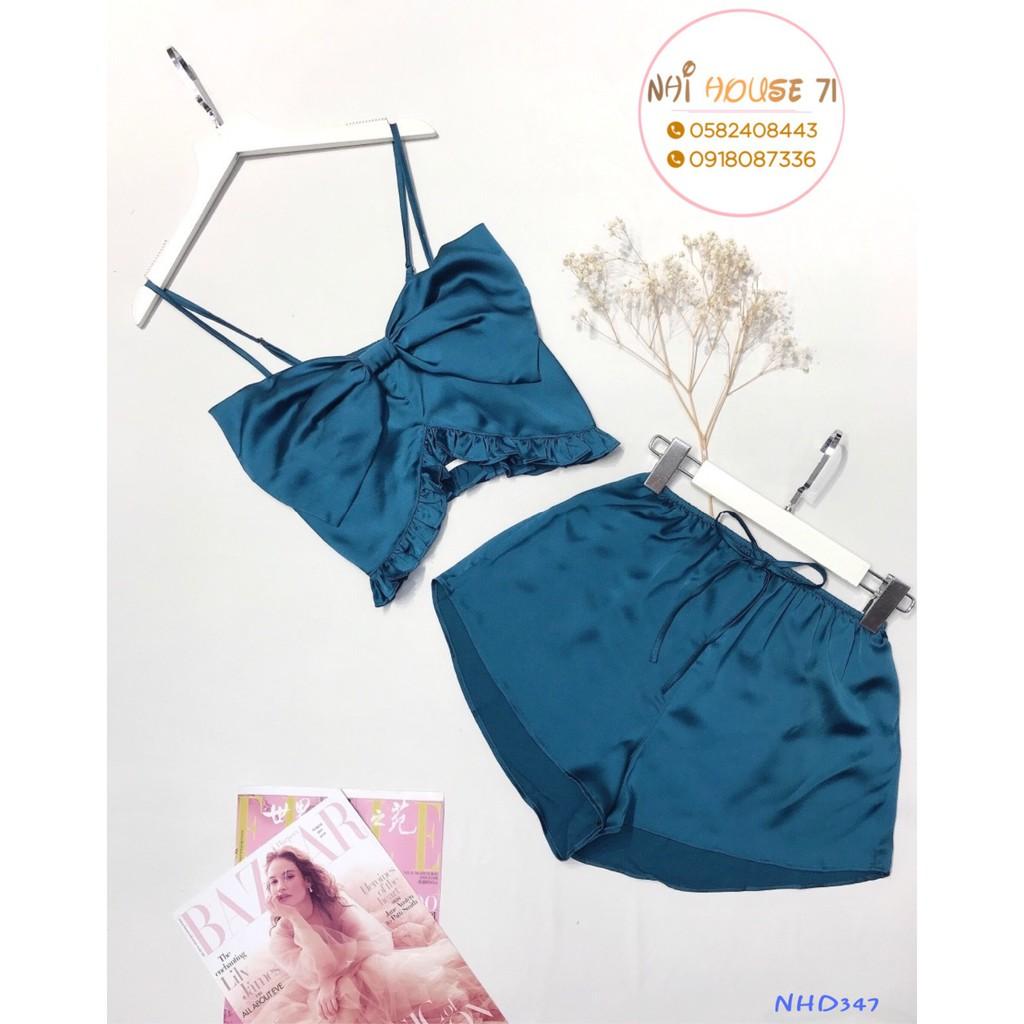 BỘ NGŨ 2 DÂY NHIHOUSE71 ÁO CROPTOP NƠ NGỰC QUẦN ĐÙI LƯNG THUN CHẤT LỤA SATIN SIÊU CUTE FREESIZE 45-57 KG