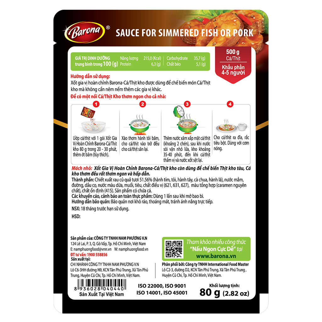 Xốt Gia Vị Hoàn Chỉnh Barona Cá/Thịt Kho 80g