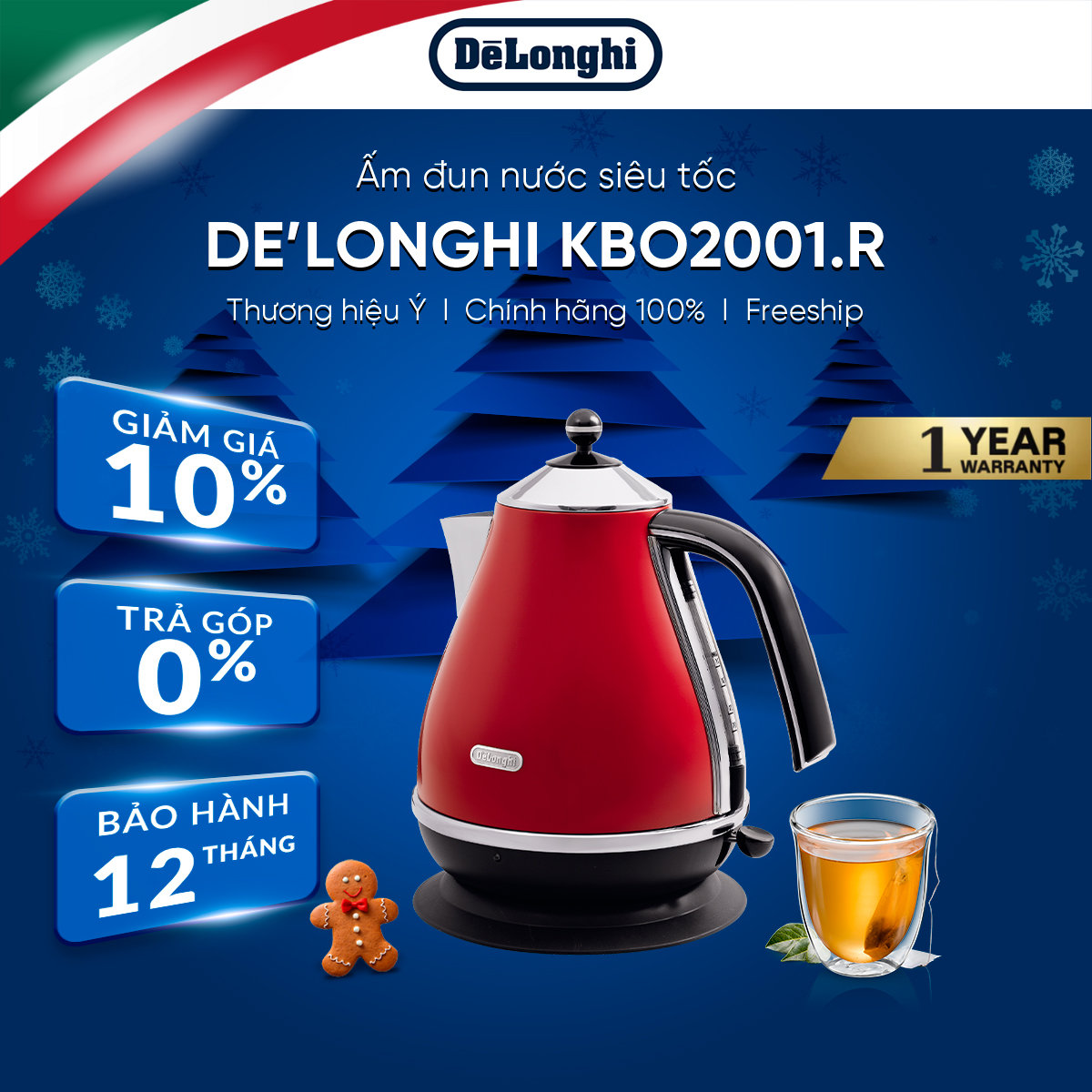 [Hàng chính hãng] Ấm đun nước siêu tốc DeLonghi Icona KBO2001 (B/ R)