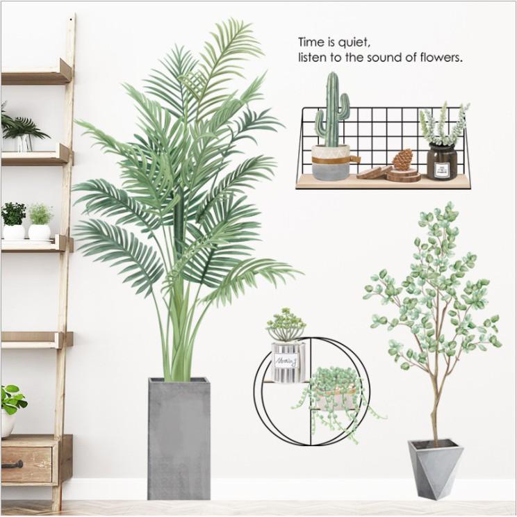 Decal dán tường trang trí - CHẬU CÂY XANH KÈM KỆ XƯƠNG RỒNG TINH TẾ