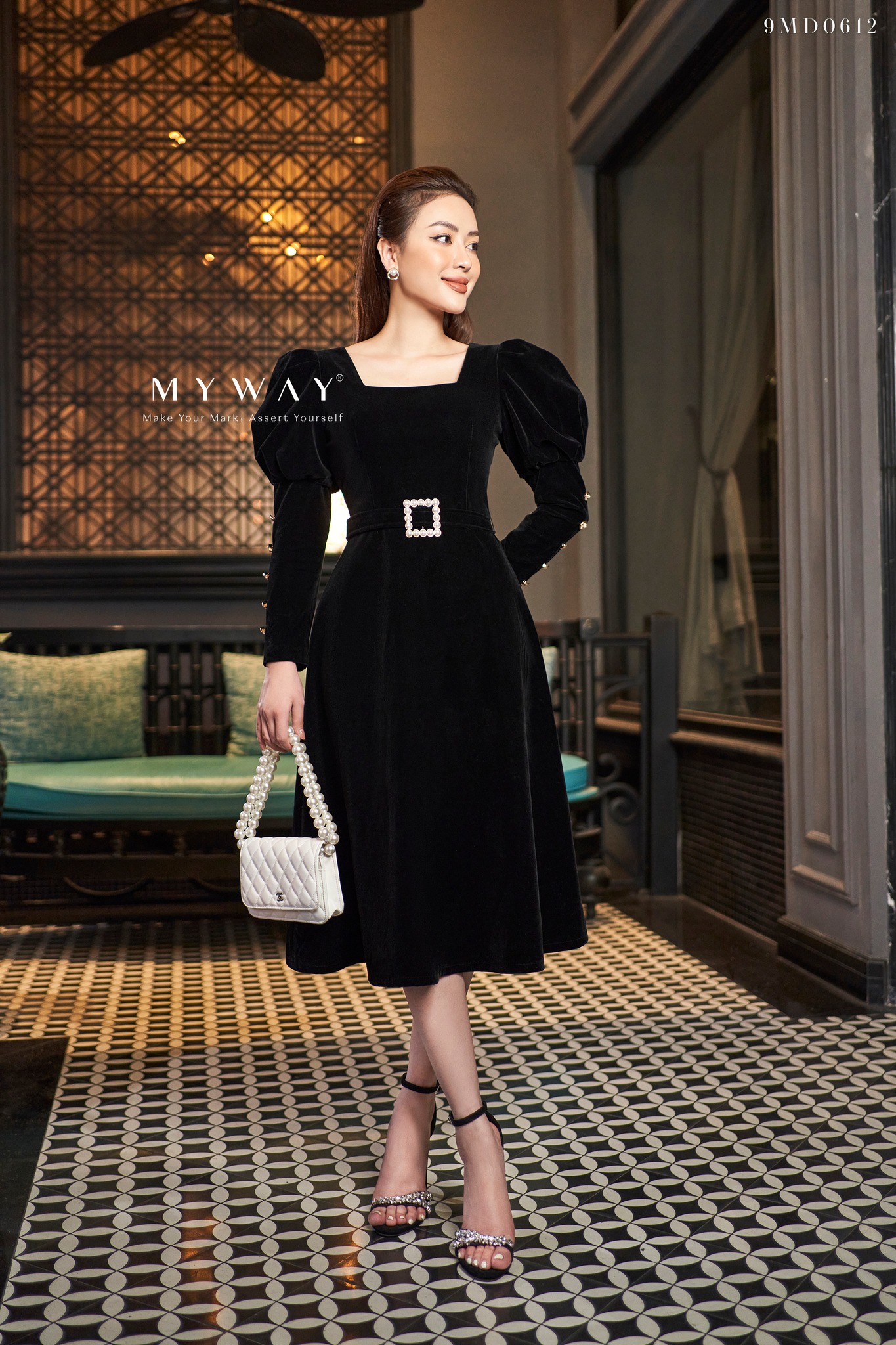 Đầm Nhung Nữ Tay Bồng MY WAY Dự Tiệc Kèm Đai Sang Trọng 9md0612