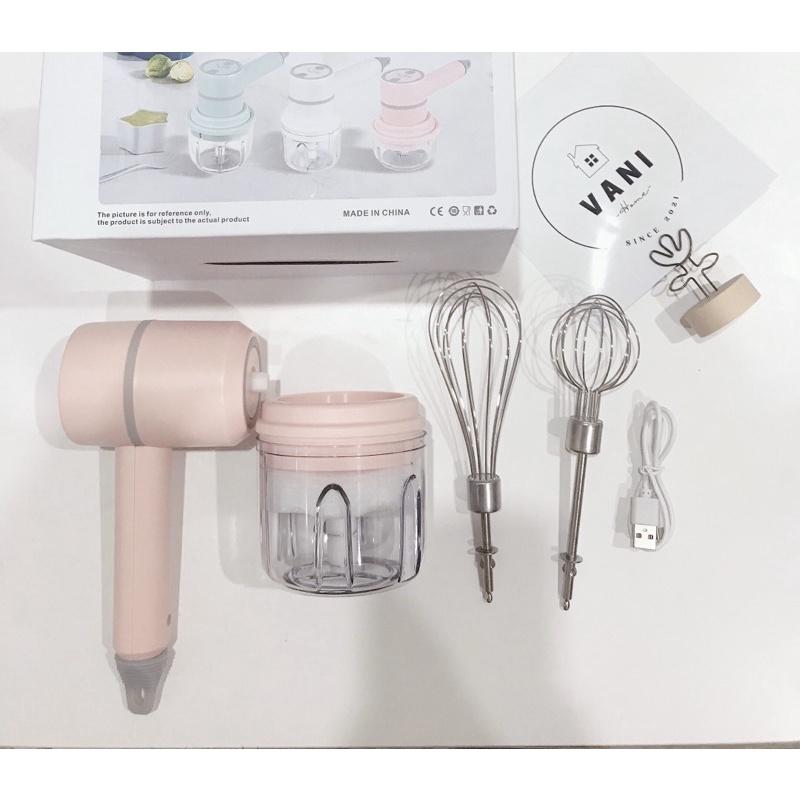 Máy xay cầm tay đa năng 3in1 kiêm đánh trứng, trộn bột, xay tỏi ớt - Máy đánh trứng cầm tay mini du lịch pin sạc điện