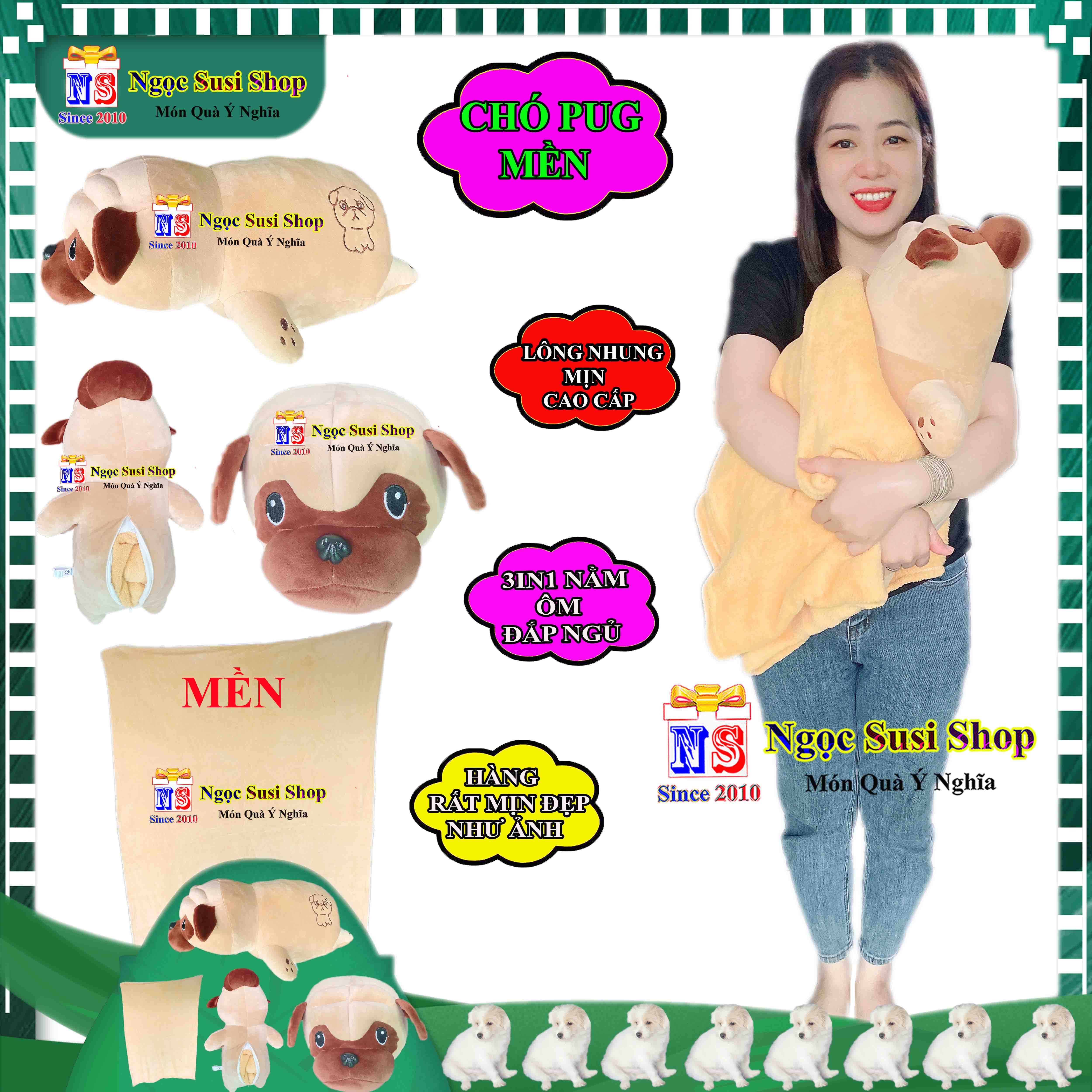 THÚ BÔNG MỀN 3IN1 CON CHÓ PUG NẰM ÔM ĐẮP MỀN NGỦ RẤT ĐẸP - GẤU BÔNG CHÓ PUG MỀN 3IN1 [LOẠI 1]