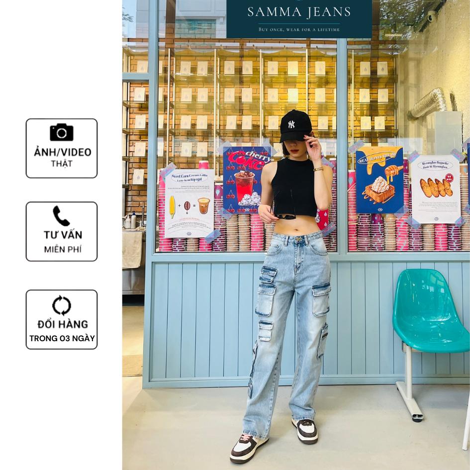 Quần Jean túi hộp cá tính SJS07_Quần bò túi hộp ống rộng dáng suông phong cách unisex hàng cao cấp, Samma Jean