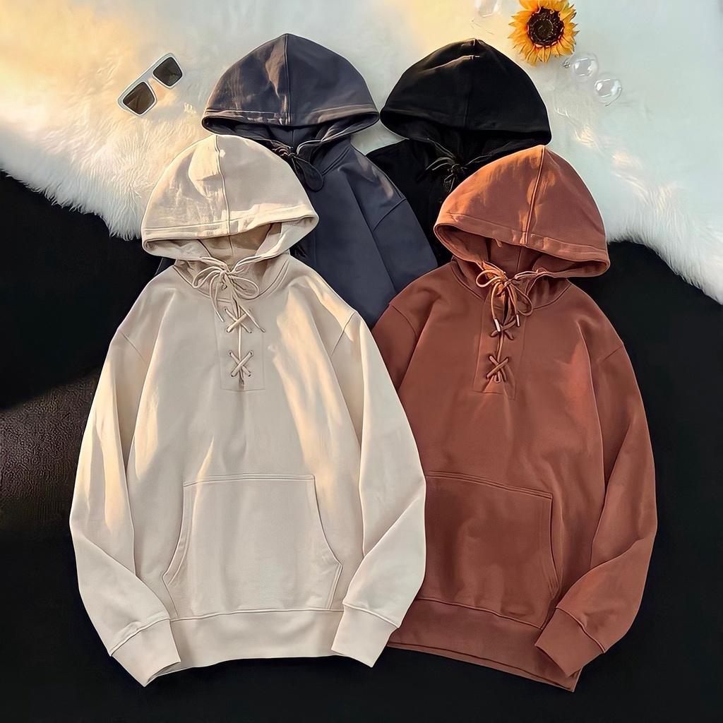 Áo Hoodie Nam Nữ Nỉ Ngoại Unisex Dây Đan Mũ Rộng Dáng Thụng