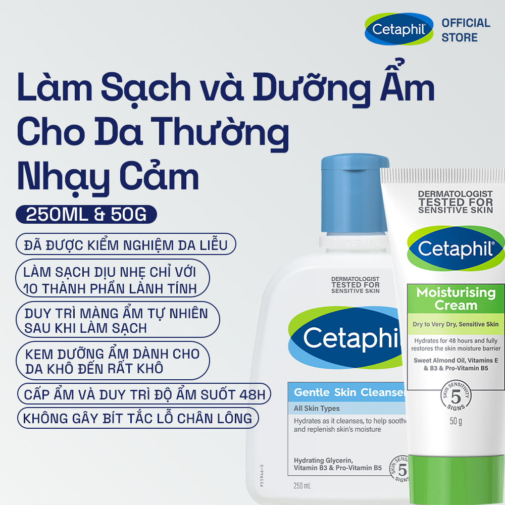 Combo Làm sạch và Dưỡng ẩm cho da nhạy cảm Sữa rửa mặt Cetaphil Gentle Skin Cleanser 250ml  Kem dưỡng ẩm Cetaphil Moisturizing Cream 50g