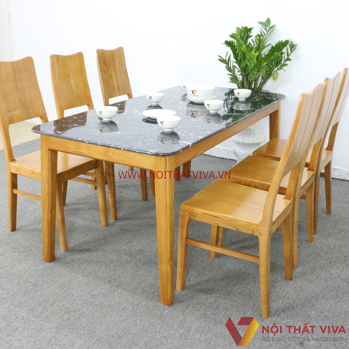 Bộ Bàn Ăn 6 Ghế Gỗ Sồi Nga Màu Vàng Mặt Đá Đen Tràn Gọn Đẹp Giá Rẻ