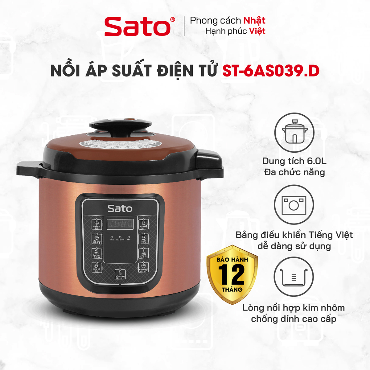 Nồi áp suất đa năng SatoAlpha 6AS039.D 6.0L - Nồi áp suất điện tử đa chức năng : nấu cơm, nấu cháo, hầm gân, ninh, súp, hấp, giữ ấm ... Dung tích : 6.0 lít phù hợp gia đình 4 - 6 người - Miễn phí vận chuyển toàn quốc - Hàng chính hãng