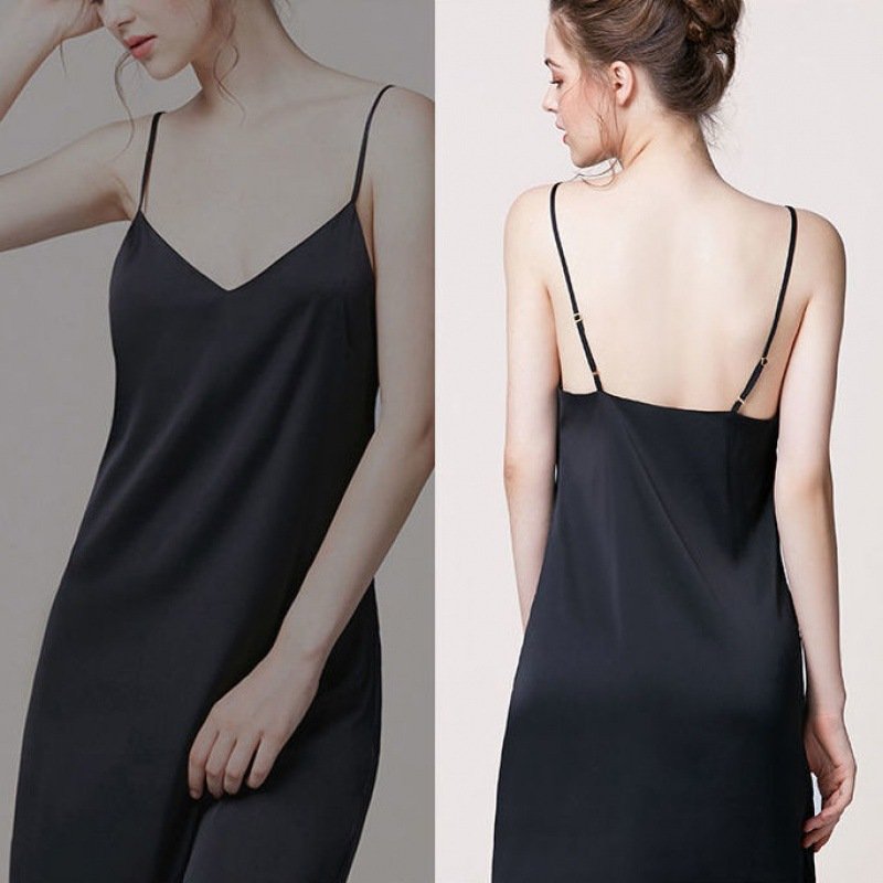 Hình ảnh Váy ngủ nữ, váy lụa 2 dây VILADY - V129 dáng suông màu ĐEN huyền bí, chất liệu lụa Pháp cao cấp ( lụa latin)