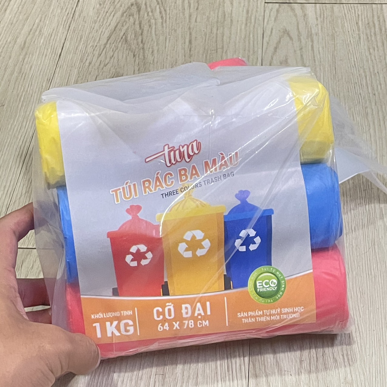 Túi 3 Cuộn Rác Ba Màu Tự Hủy Sinh Học 64cm x 78cm- 1kg