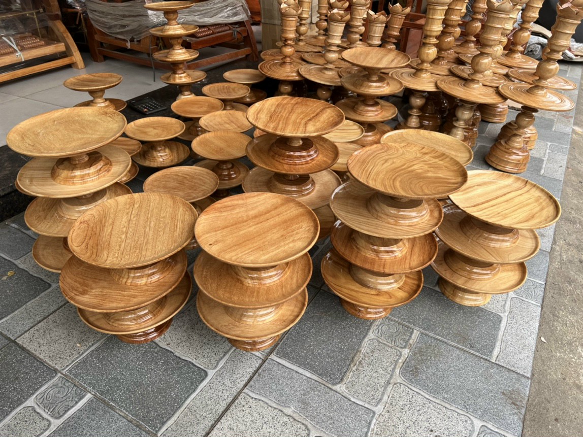 Mâm bồng bằng gỗ gõ,đĩa chưng hoa quả bàn thờ ngang 27 cm