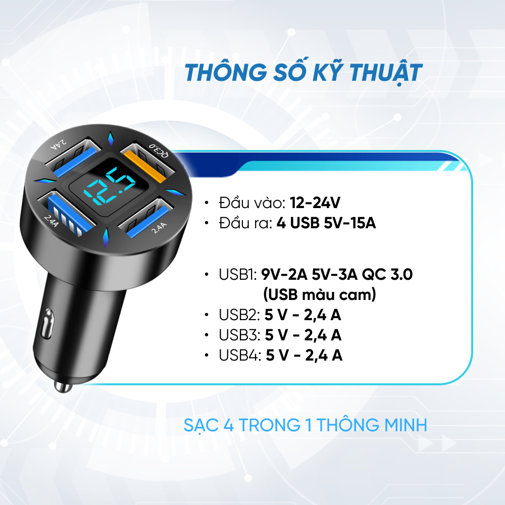 Tẩu Sạc Xe Ô Tô 4 Cổng USB Công Nghệ Sạc Nhanh QC 3.0A | Tẩu Sạc Điện Thoại Dùng Trên Xe Ô Tô 4 Cổng USB Sạc Được Nhiều Thiết Bị Cùng Lúc, Hỗ Trợ Sạc Nhanh QC 3.0A