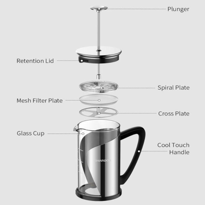 Bình pha cà phê kiểu Pháp French Press Shardor FP515S dung tích 1000ml. tích hợp hệ thống 4 bộ lọc cần gạt - Hàng Nhập Khẩu