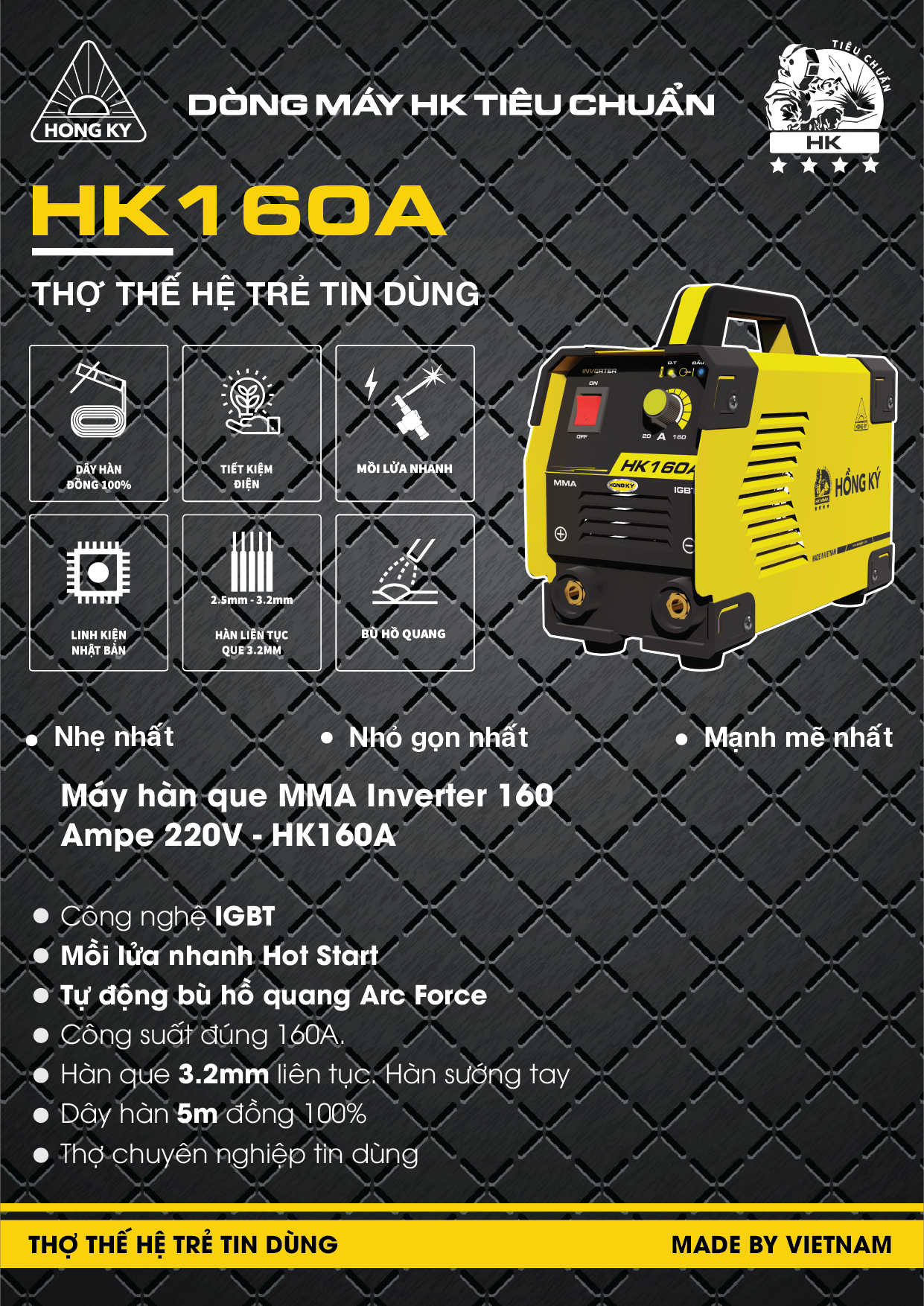 Máy hàn que MMA Hồng Ký Inverter 160 Ampe 220V HK160A