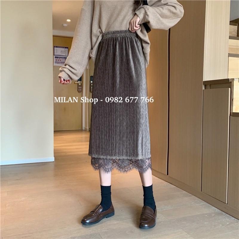 Chân váy nhung phối ren mặc được 2 mặt