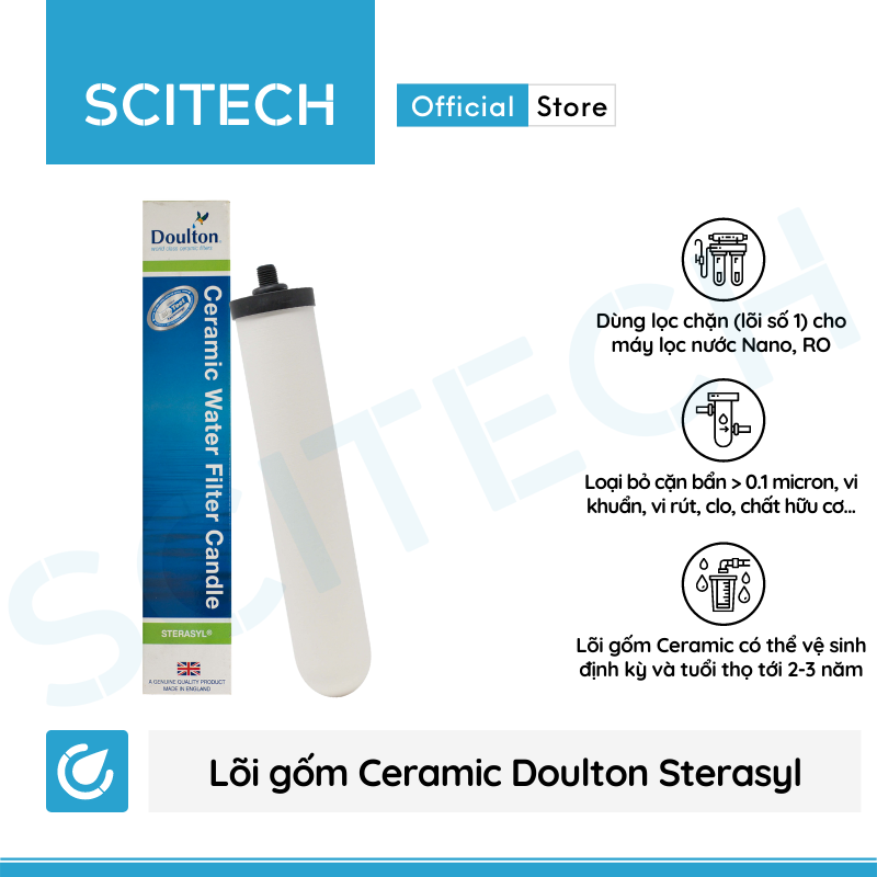 Lõi Gốm Ceramic Doulton British Steracyl 10 inch by Scitech - Lõi số 1 máy lọc nước Dr. Sukida, K Pro Series MT888 và máy lọc nước Nano/RO (Dùng thay thế lõi PP) - Hàng chính hãng