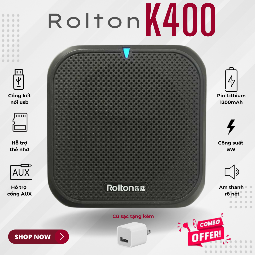 Loa trợ giảng ROLTON K400 – Công suất 5W, Kết nối đa dạng USB Thẻ nhớ Micro SD AUX In, Pin Lithium 1200mAh 10-15 tiếng sử dụng, Âm thanh sống động, Nhỏ gọn tiện lợi, Mic đeo tai rõ nét, Giải pháp cho giảng dạy, hướng dẫn viên, bán hàng - Hàng nhập khẩu