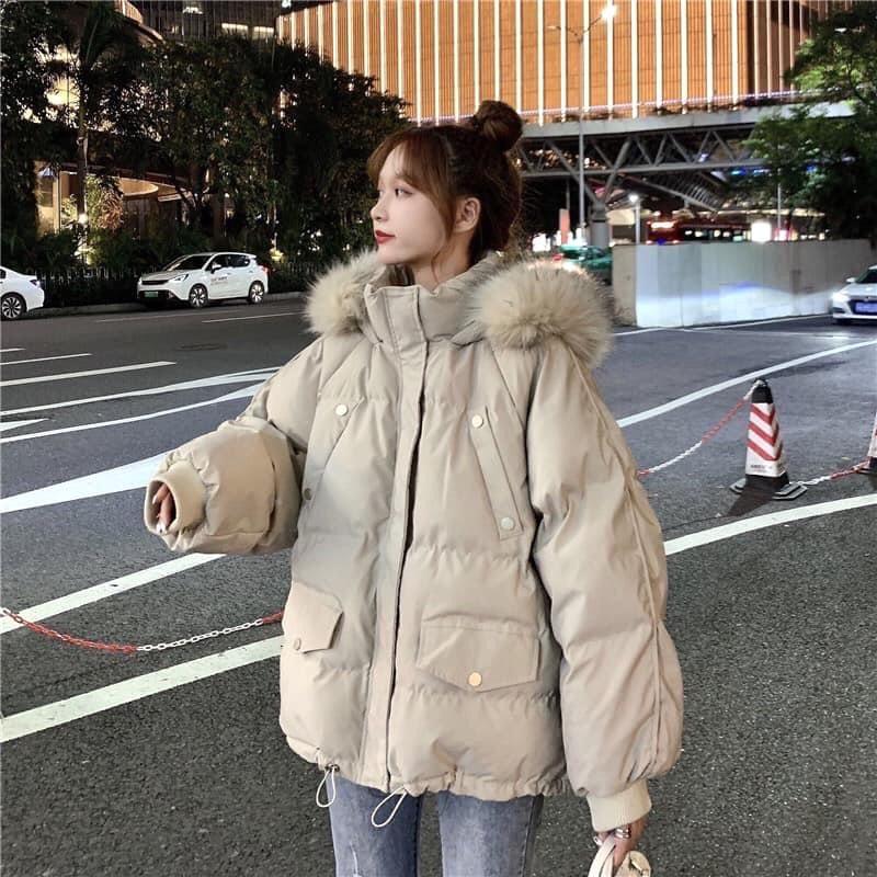 Áo Phao Túi Ngực Chéo MAYON Nữ Jacket mũ lông ấm mùa đông form rộng tay bồng cá tính