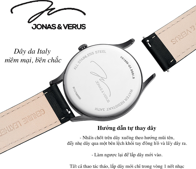 Đồng hồ đeo tay Nam hiệu JONAS &amp; VERUS Y01646-Q3.BBXLB, Máy Pin (Quartz), Kính Sapphire, Dây da Italy