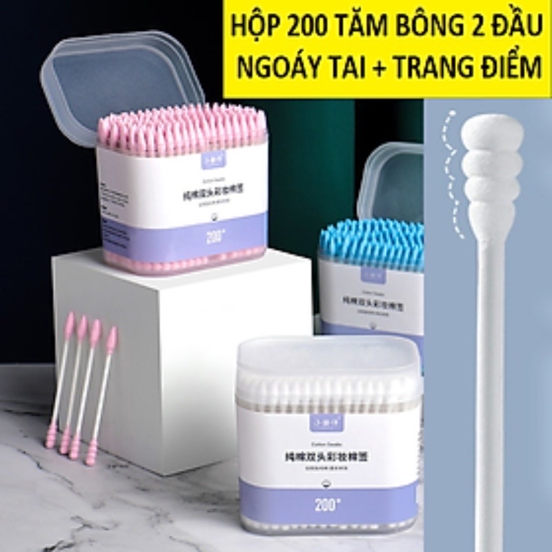 Hộp 200c tăm bông ráy tai lớn cao cấp với 2 đầu tăm thiết kế hình dáng khác nhau làm sạch sâu bên trong , phù hợp cho mọi người
