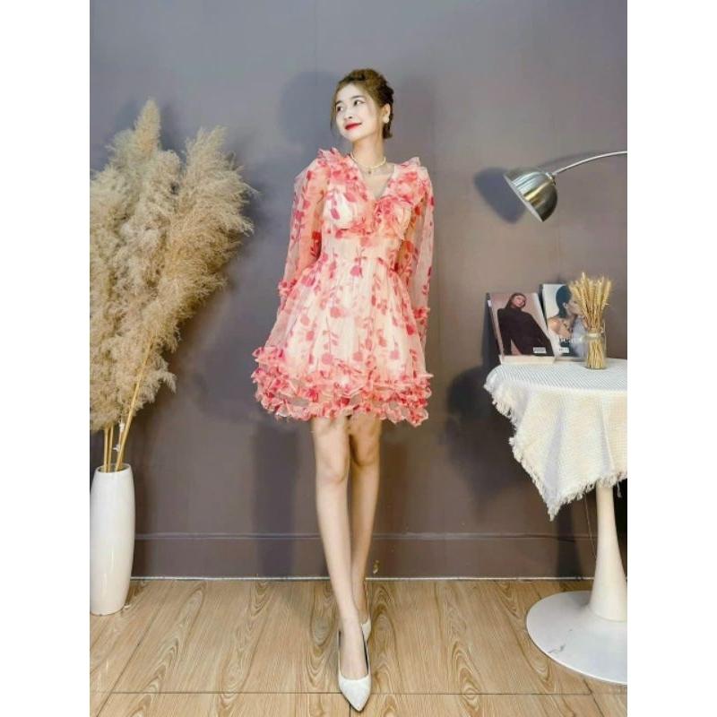ĐẦM VOAN HOA TAY DÀI ĐAN DÂY XẾP TẦNG