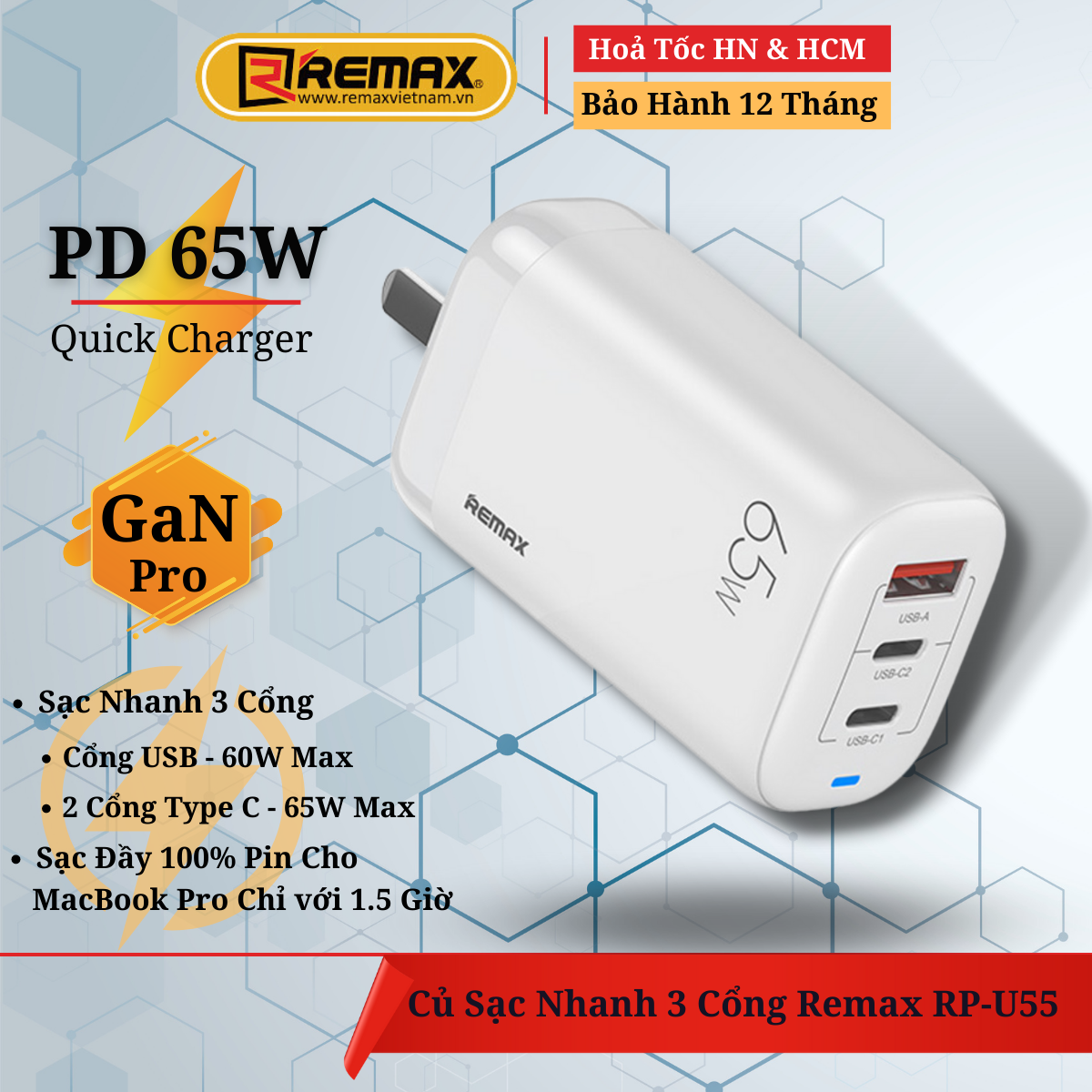 Củ sạc nhanh 3 Cổng 65W Remax RP-U55 GaN3 Pro Quick Charger 65W Sạc cho Laptop và Tab - Hàng Chính Hãng Remax Bảo Hành 12 Tháng Lỗi 1 Đổi 1