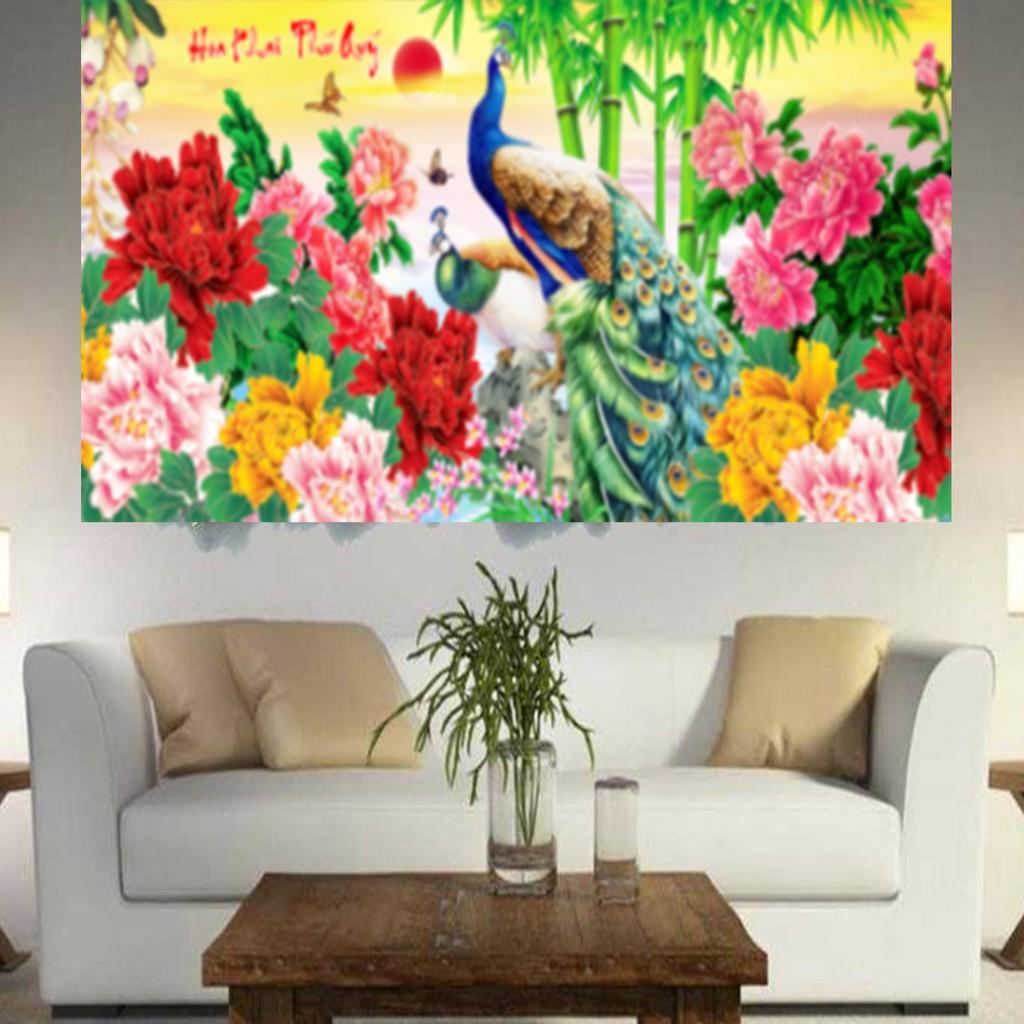 Tranh đá công xanh hoa khai phú quý DF551 - kích thước: 150 * 70cm.