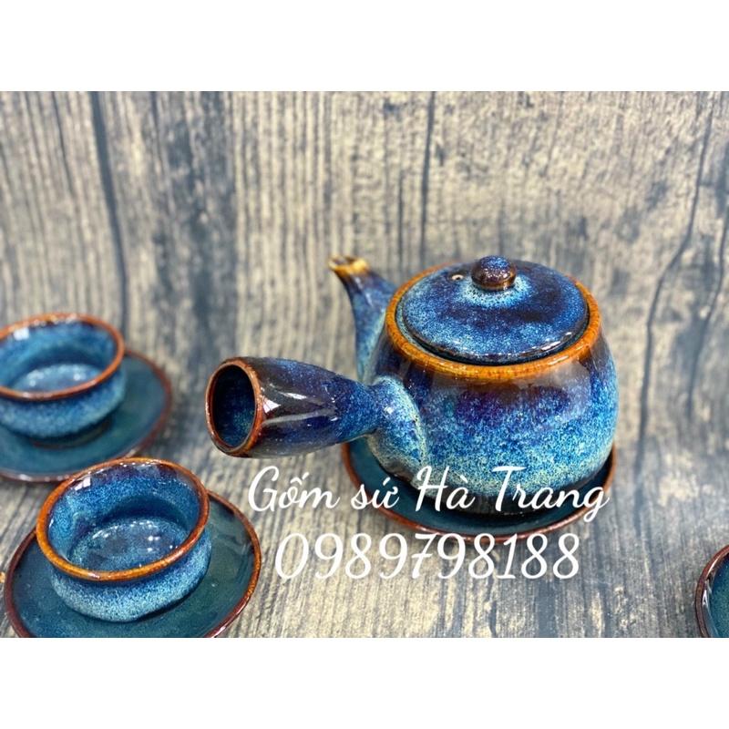 Bộ ấm chén quai ngang kiểu Nhật gốm sứ Bát Tràng cao cấp men hoả biến thiên thanh dung tích 420ml
