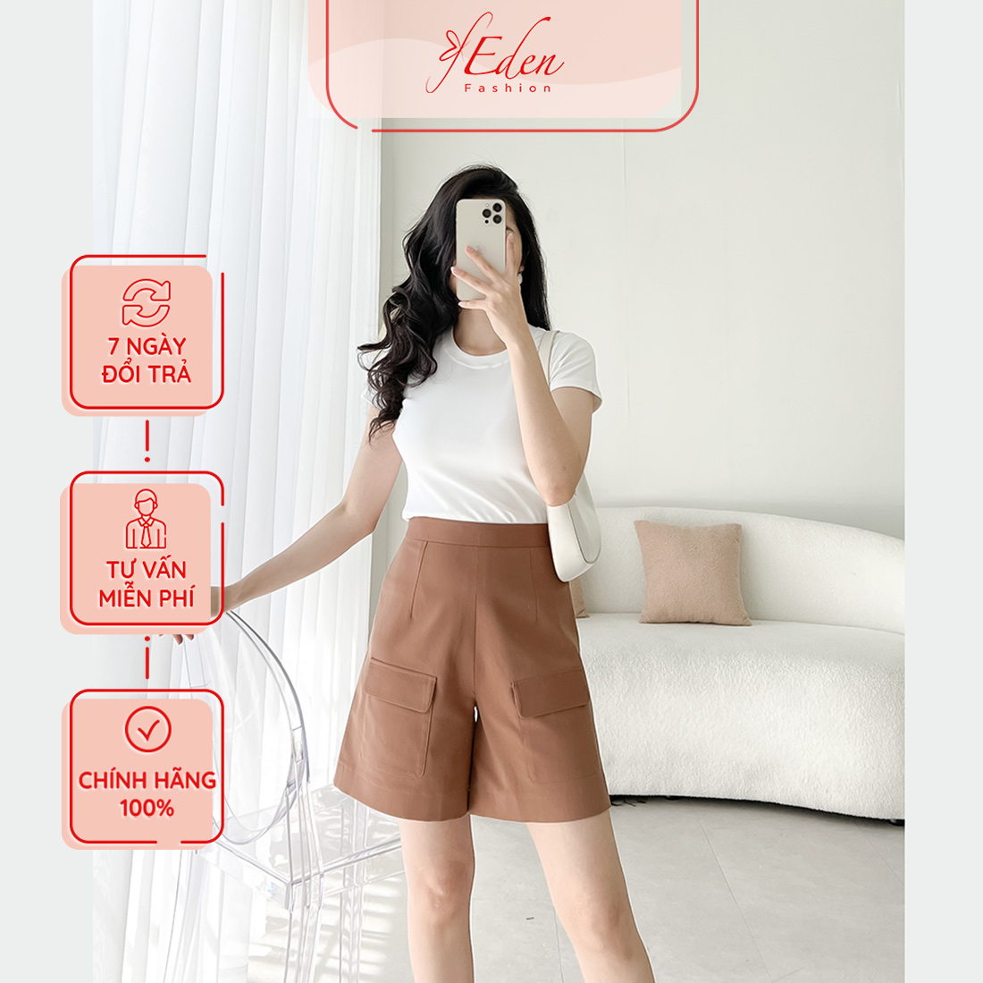 Quần short nữ lưng cao phối túi thời trang Eden - Q018