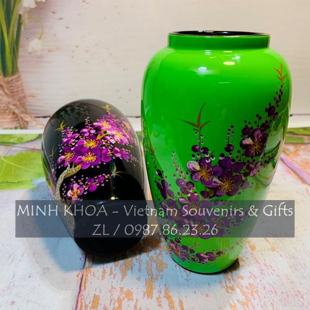 Bình Sơn Mài Lọ Hoa Quả Bầu Vẽ Hoa Đào Cẩn Trứng 17 cm - Vietnamese Lacquer Vase