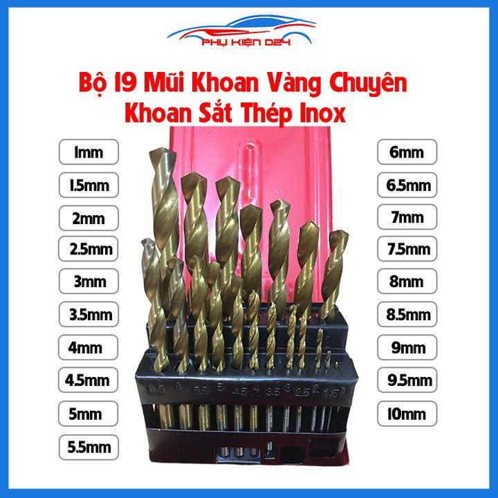Bộ 19 mũi khoan màu vàng đường kính từ 1mm đến 10mm chuyên dùng khoan sắt thép inox