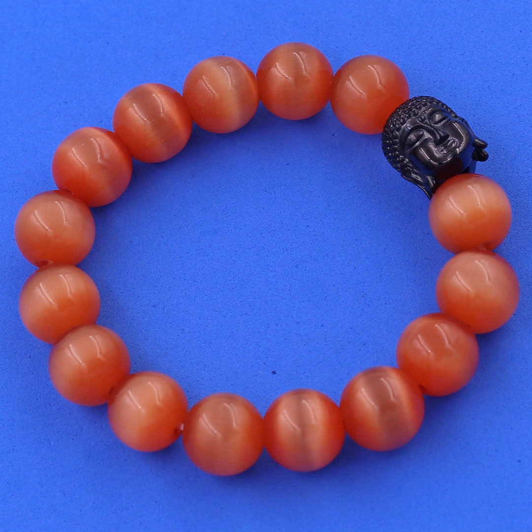 Vòng chuỗi đeo tay đá mắt mèo hồng cam 12 ly charm đầu Phật Như lai inox đen, Như lai Phật tổ, vòng chuỗi phong thủy, A DI ĐÀ