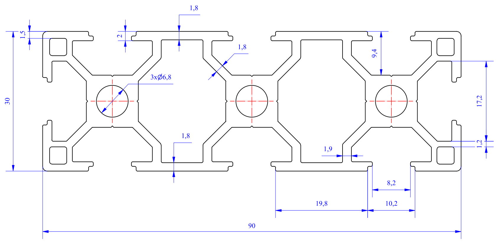 Nhôm định hình 30x90 (LWA-391883700) - Miễn phí cắt theo kích thước yêu cầu (Giá đã bao gồm VAT)