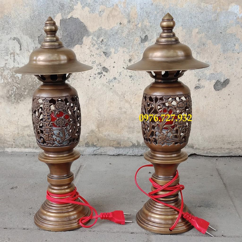 Đèn quả dứa bằng đồng vàng giả cổ cao 40cm, bán đèn thờ, đèn thờ thắp điện