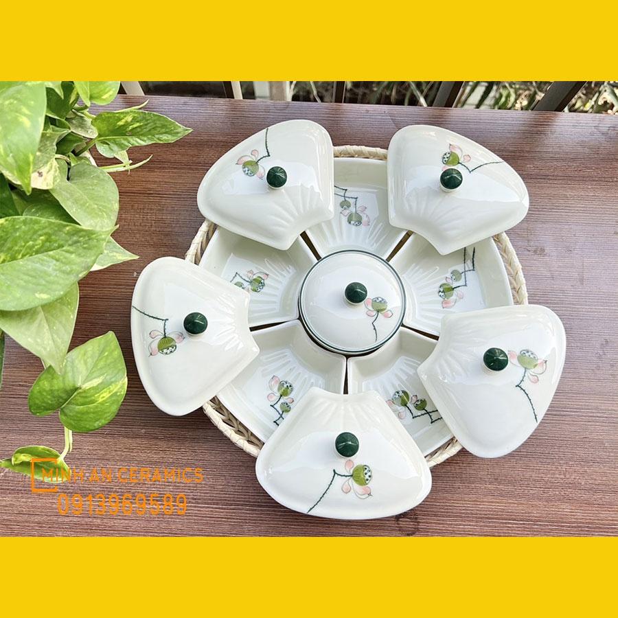 Khay mứt tết gốm sứ Minh An Bát Tràng dáng cánh hoa vẽ tay thủ công