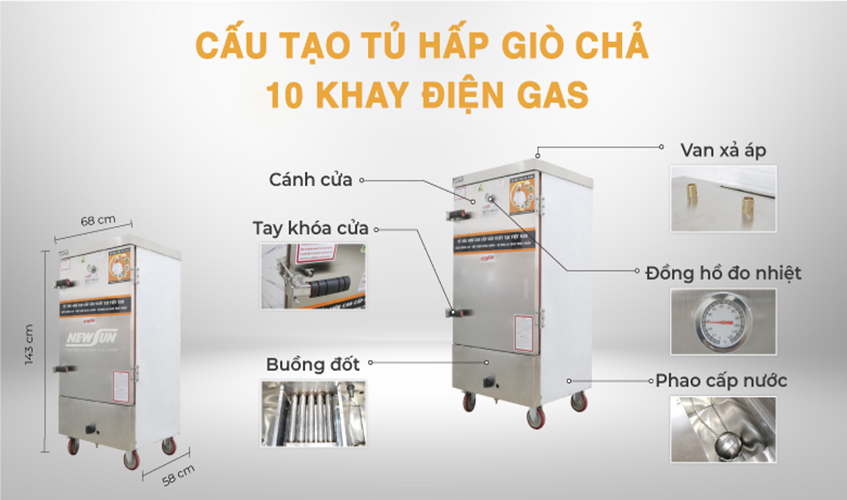 Tủ Hấp Giò Chả, Thực Phẩm 60 Kg Bằng Điện Gas 10 Khay inox 304 NEWSUN, Năng Suất Cao - Hàng Chính Hãng