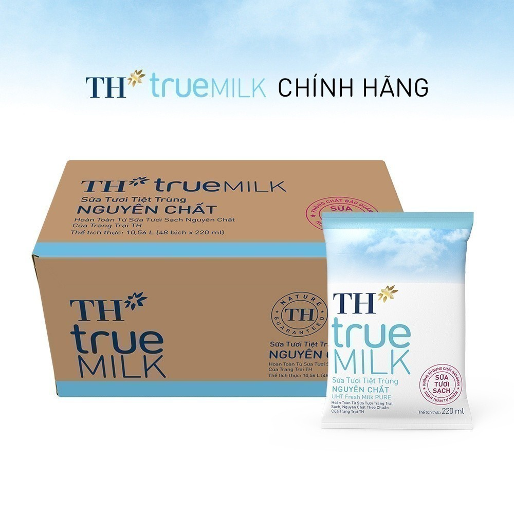 Thùng 48 bịch sữa tươi tiệt trùng TH True Milk  nguyên chất 220 ml